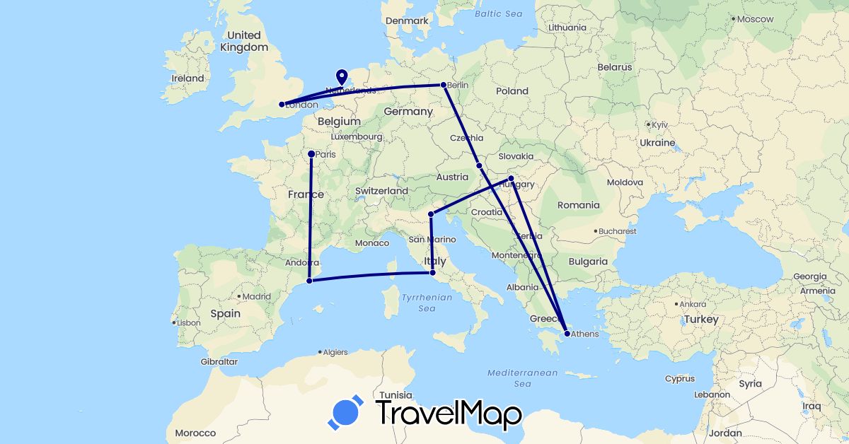 TravelMap itinerary: driving in Austria, Germany, Spain, France, United Kingdom, Greece, Hungary, Italy, Netherlands (Europe)